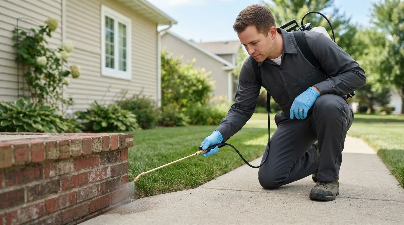 Pest control technician treating a home near Olustee, OK