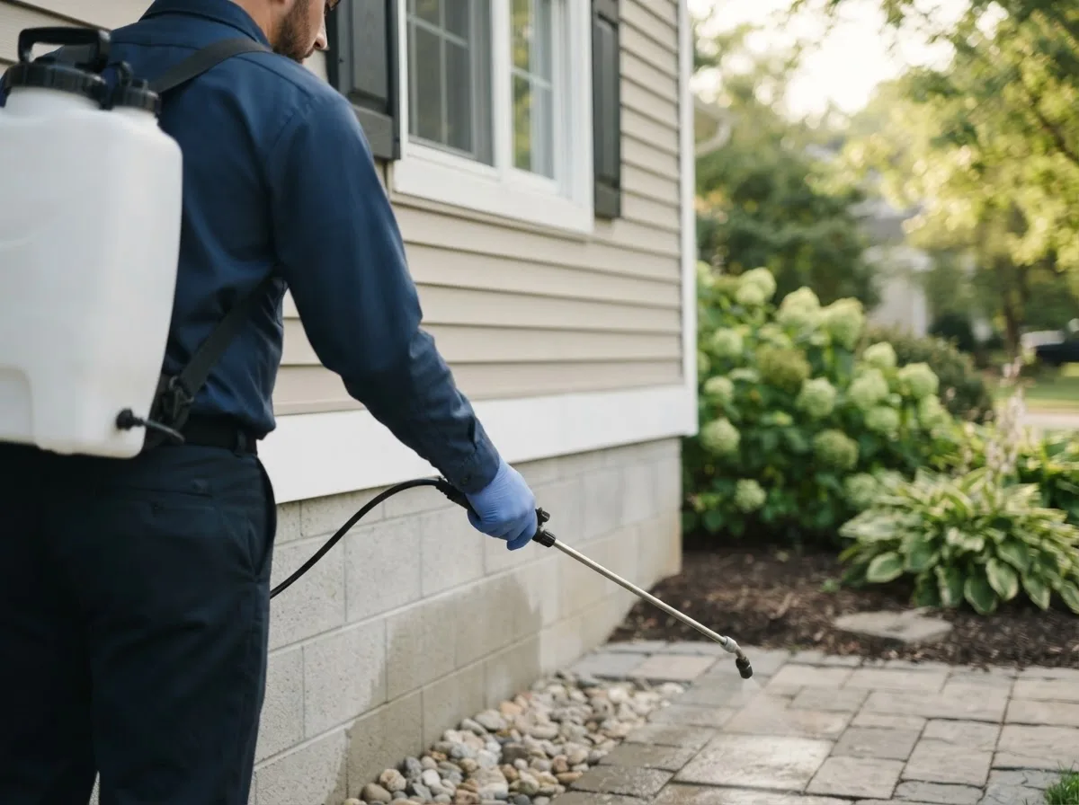 Pest control technician inspecting a home in Olustee, OK